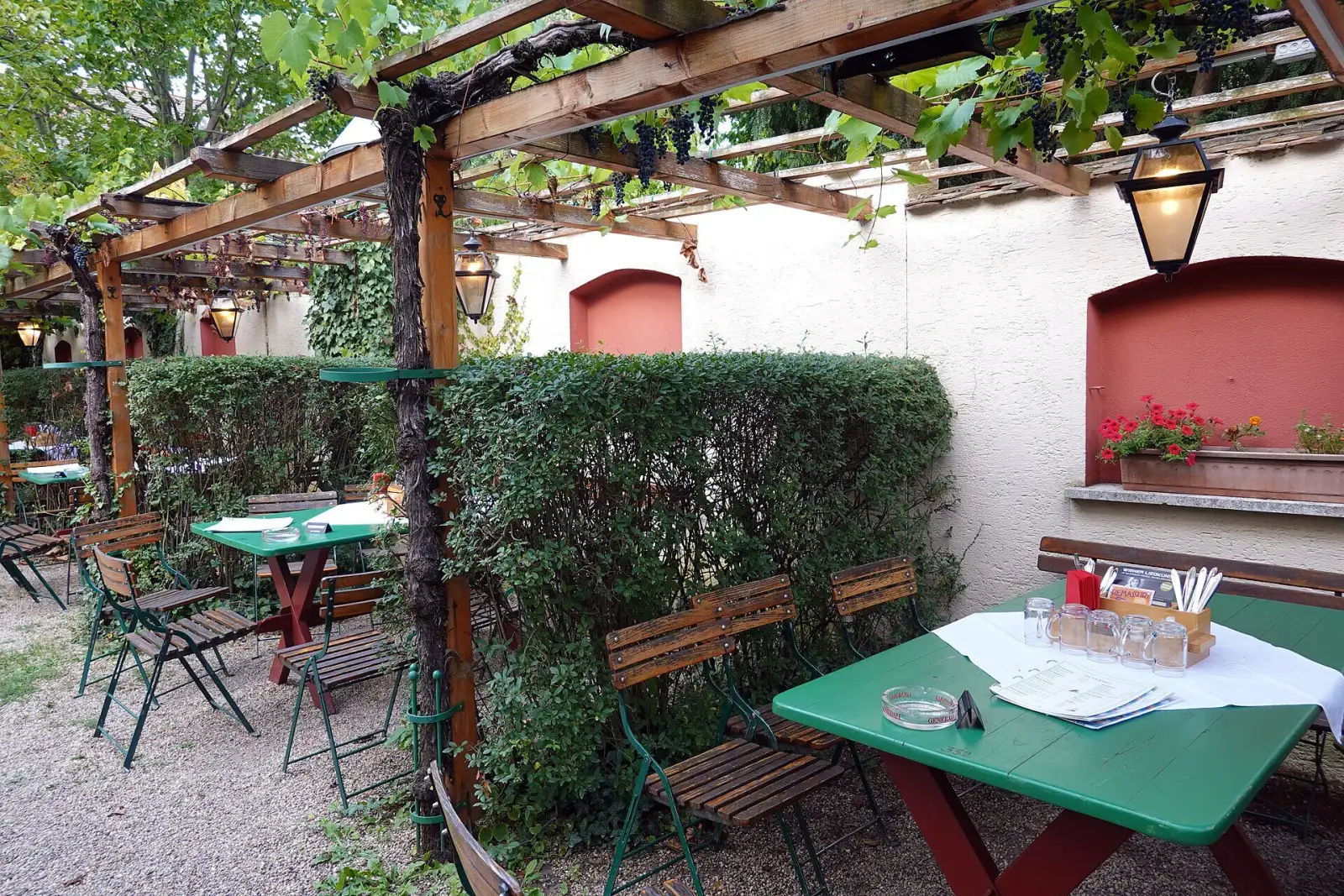 Gastgarten der Buschenschank Hengl-Haselbrunner mit Weinlaub und grünen Tischen