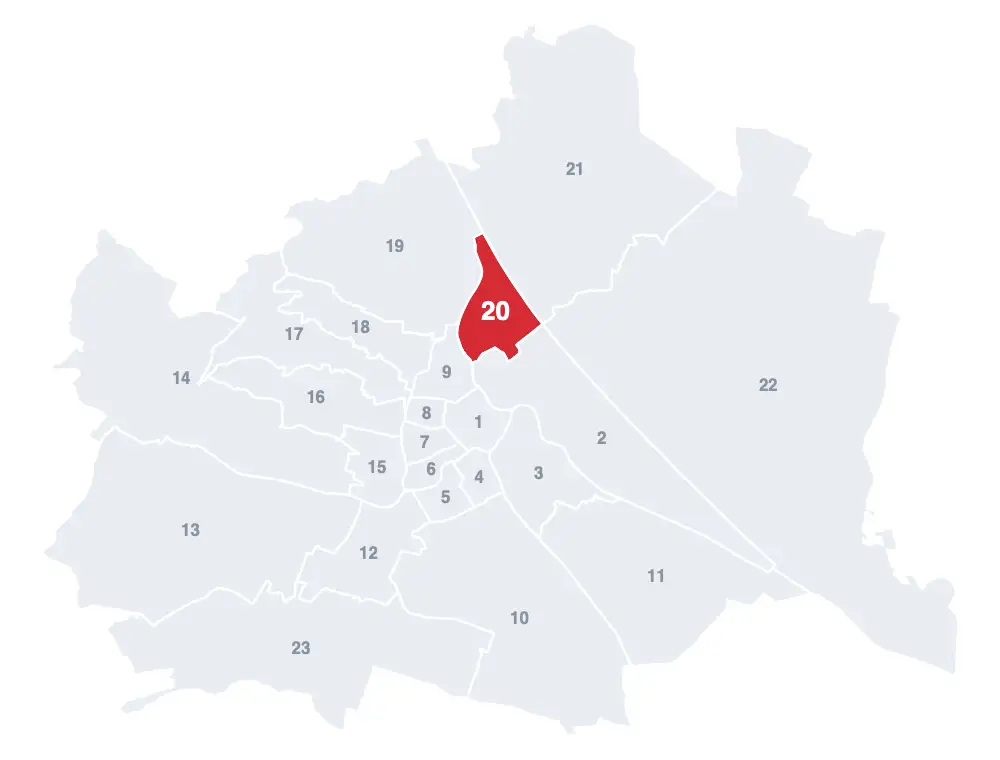 Brigittenau: Lage des 20. Bezirks auf der Wien-Karte
