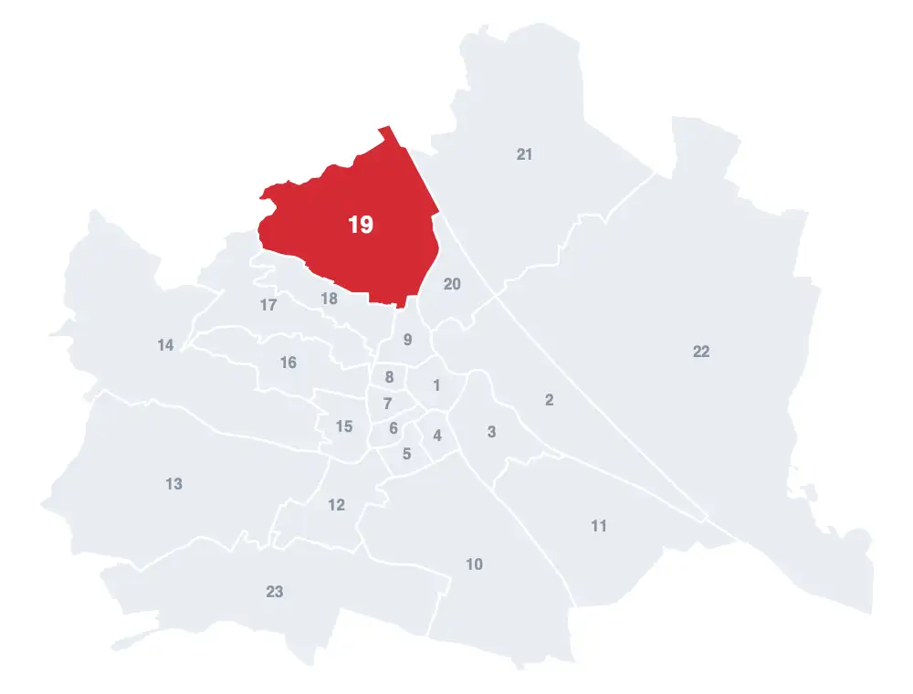Döbling: Lage des 19. Bezirks auf der Wien-Karte