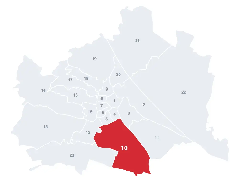 Favoriten: Lage des 10. Bezirks auf der Wien-Karte