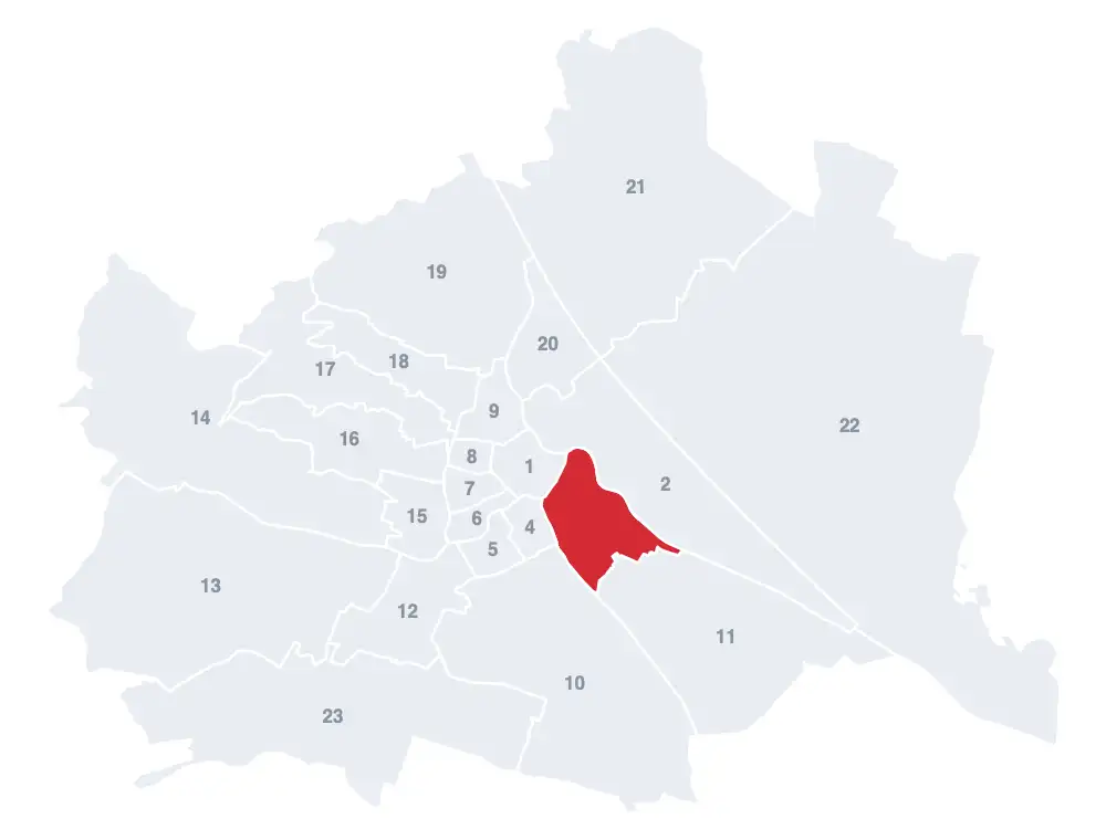 Landstraße: Lage des 3. Bezirks auf der Wien-Karte