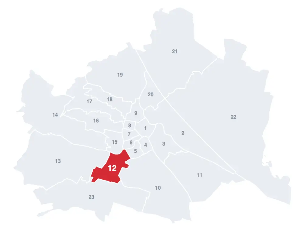 Meidling: Lage des 12. Bezirks auf der Wien-Karte