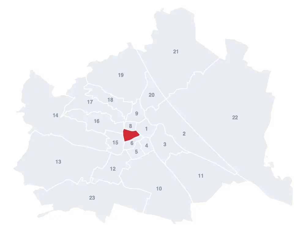 Neubau: Lage des 7. Bezirks auf der Wien-Karte