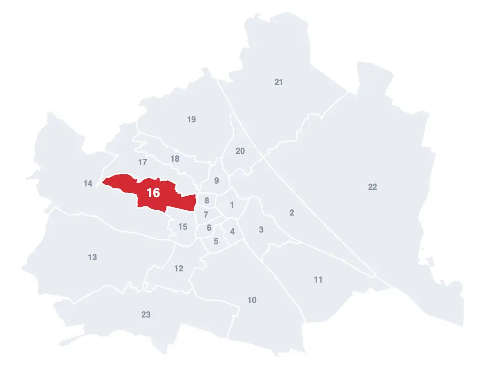 Ottakring: Lage des 16. Bezirks auf der Wien-Karte
