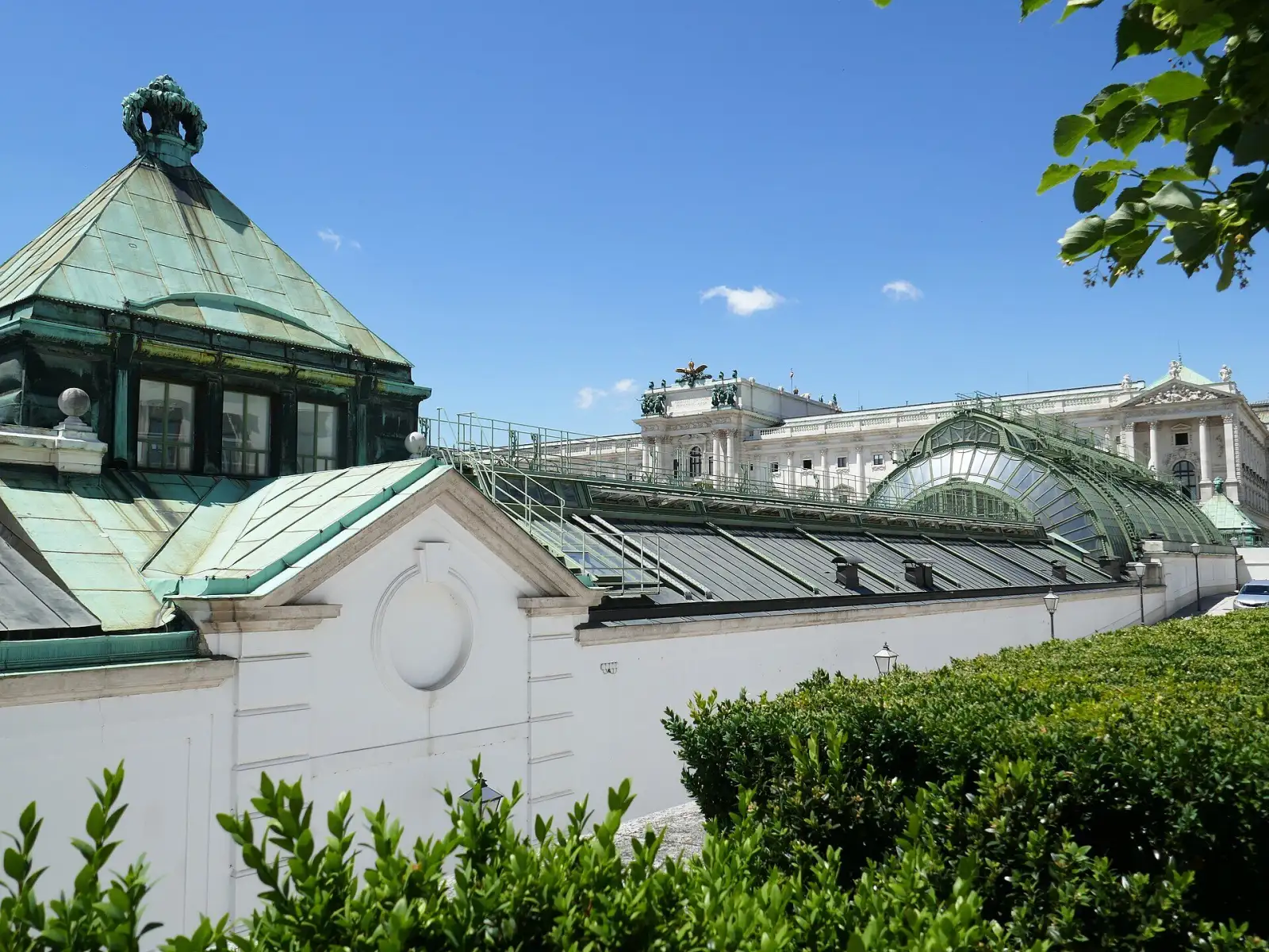 Palmenhaus mit Schmetterlinghaus im Burggarten, dahinter die Neue Burg