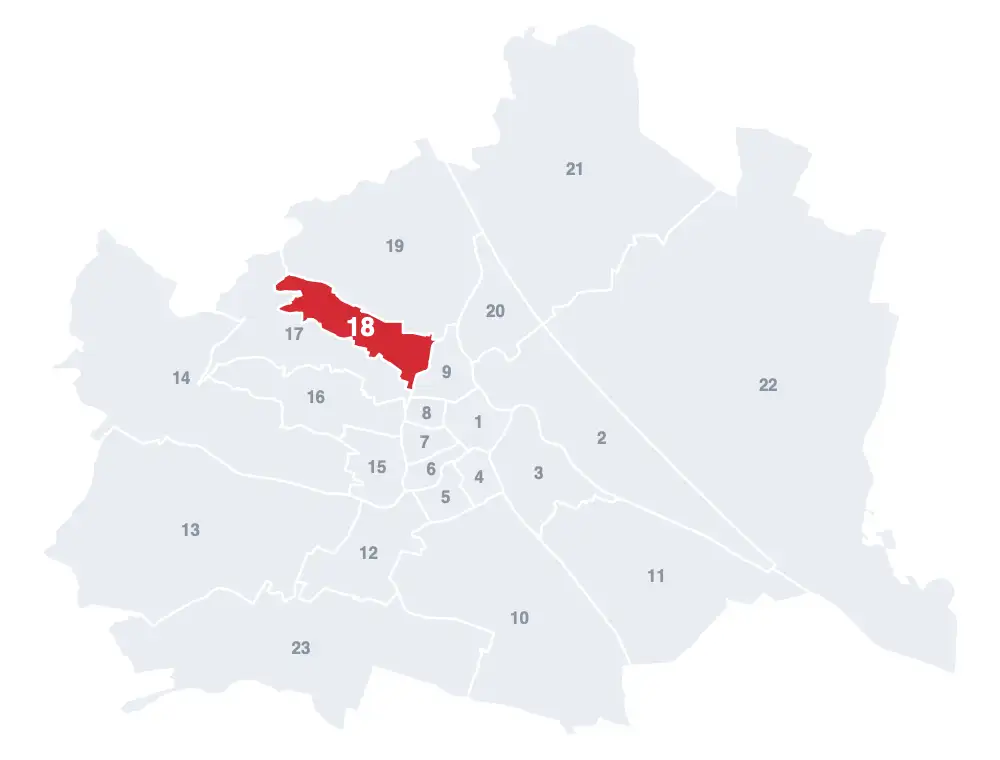 Währing: Lage des 18. Bezirks auf der Wien-Karte