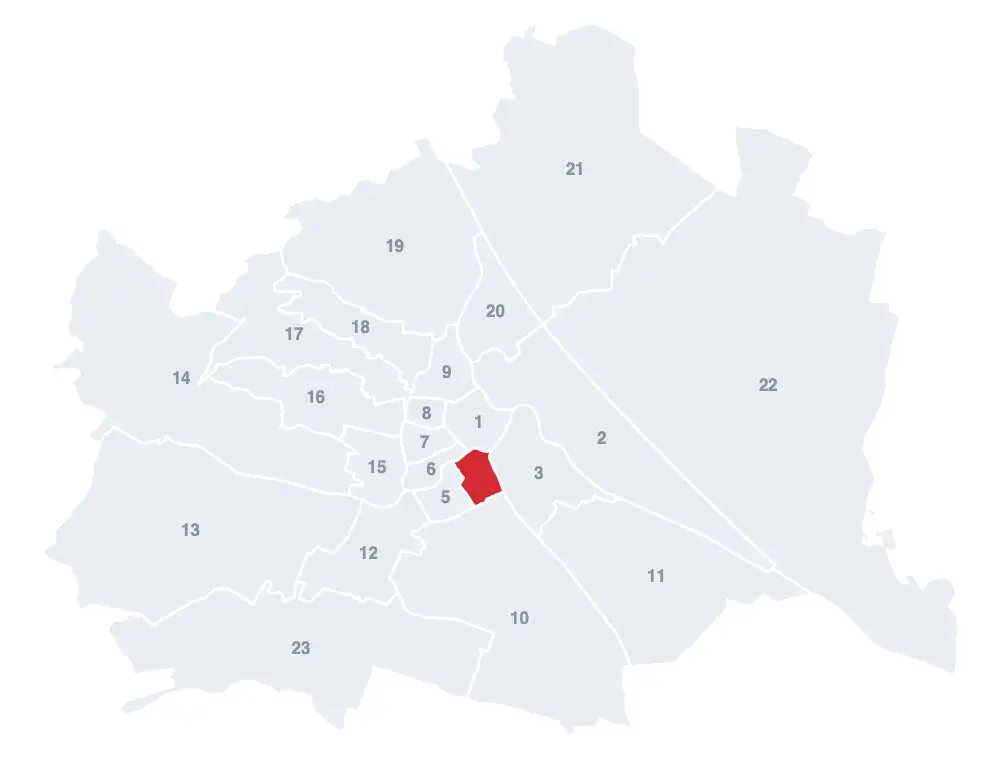 Wieden: Lage des 4. Bezirks auf der Wien-Karte