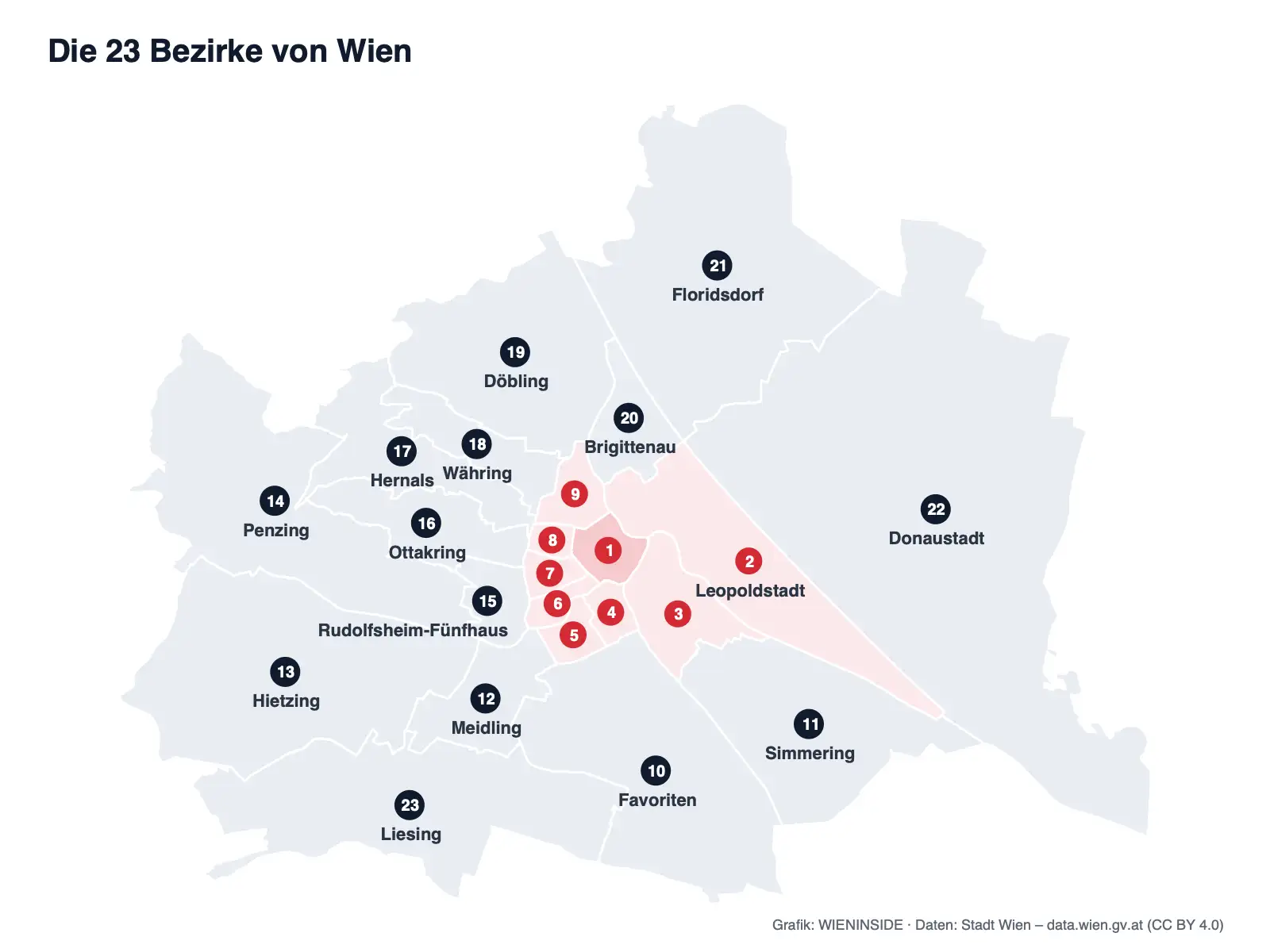 Wien Bezirke: Karte mit allen 23 Gemeindebezirken und ihren Nummern