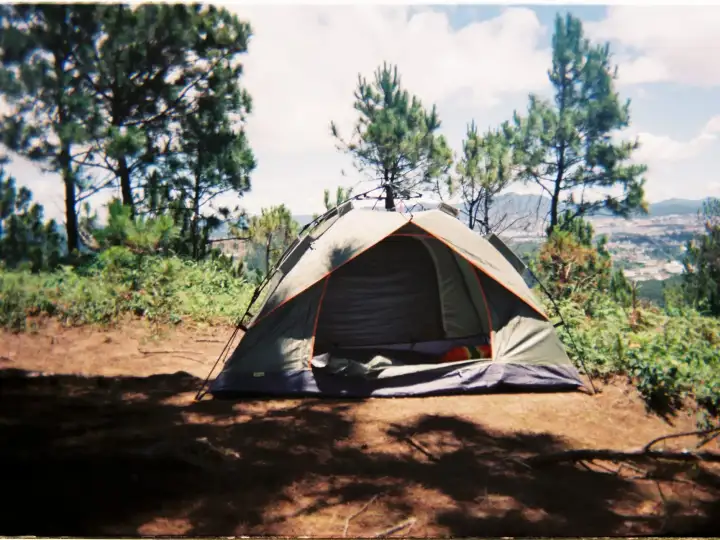 Zelt zwischen Bäumen auf einer Wiese, Symbolbild für Campingplätze Wien