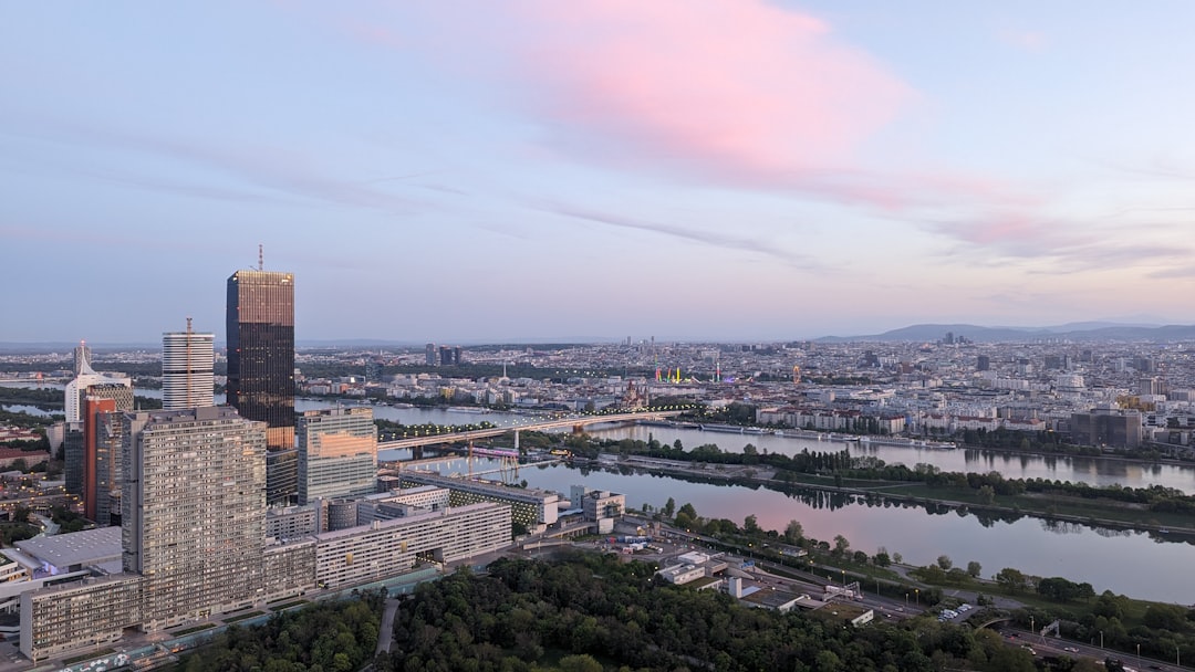 An aerial view of a city and a river